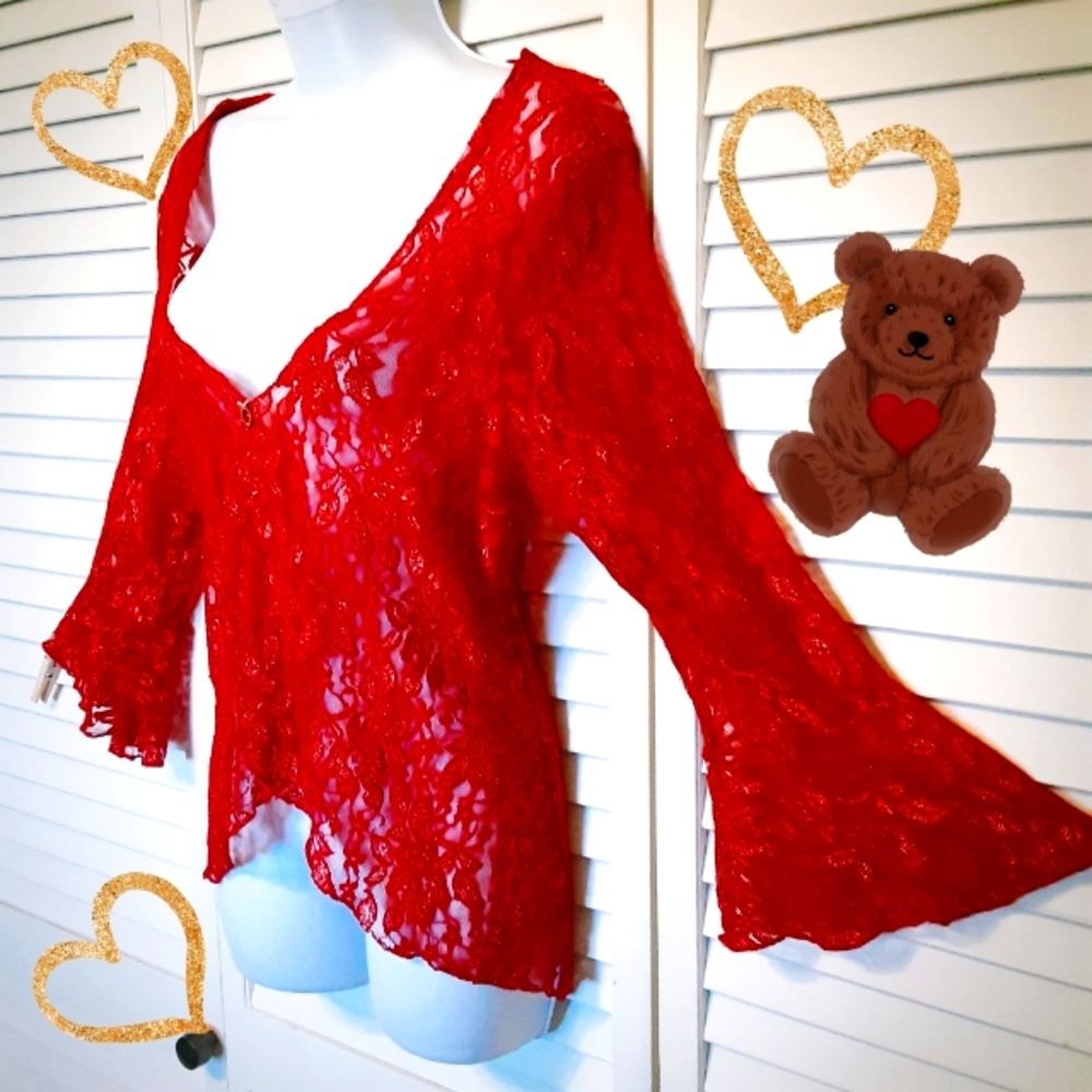 Gold & Mexicana Style Red Lingerie See- Through Lace Top/Jacket